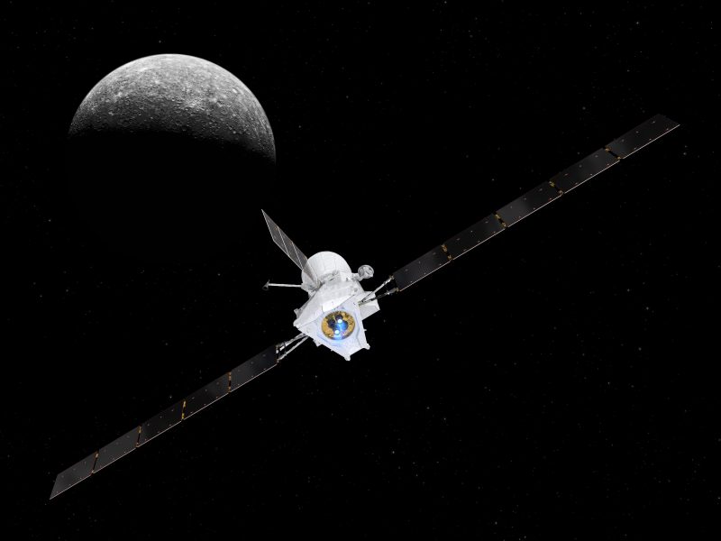 Artist's impression of the BepiColombo spacecraft at Mercury. Image credit - spacecraft: ESA/ATG medialab; Mercury: NASA/JPL