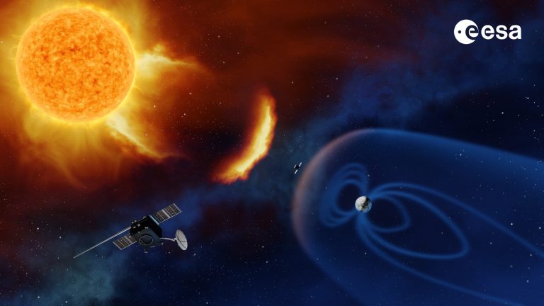 Graphic of coronal mass ejection from the Sun heading to Earth with Vigil spacecraft in view