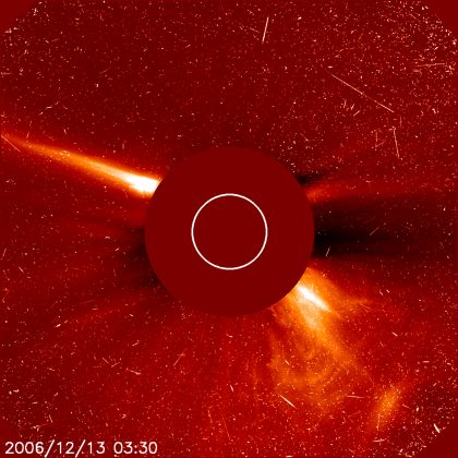 Large solar flare seen on 13 December 2006. Image copyright ESA/NASA