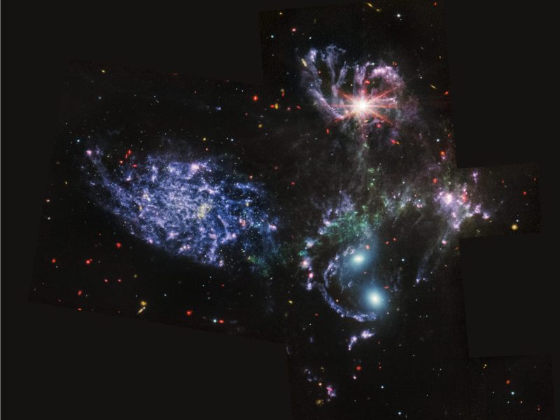 Stephan’s Quintet – a group of five galaxies – is seen more clearly than ever before by using all three Mid-Infrared Instrument (MIRI) filters.